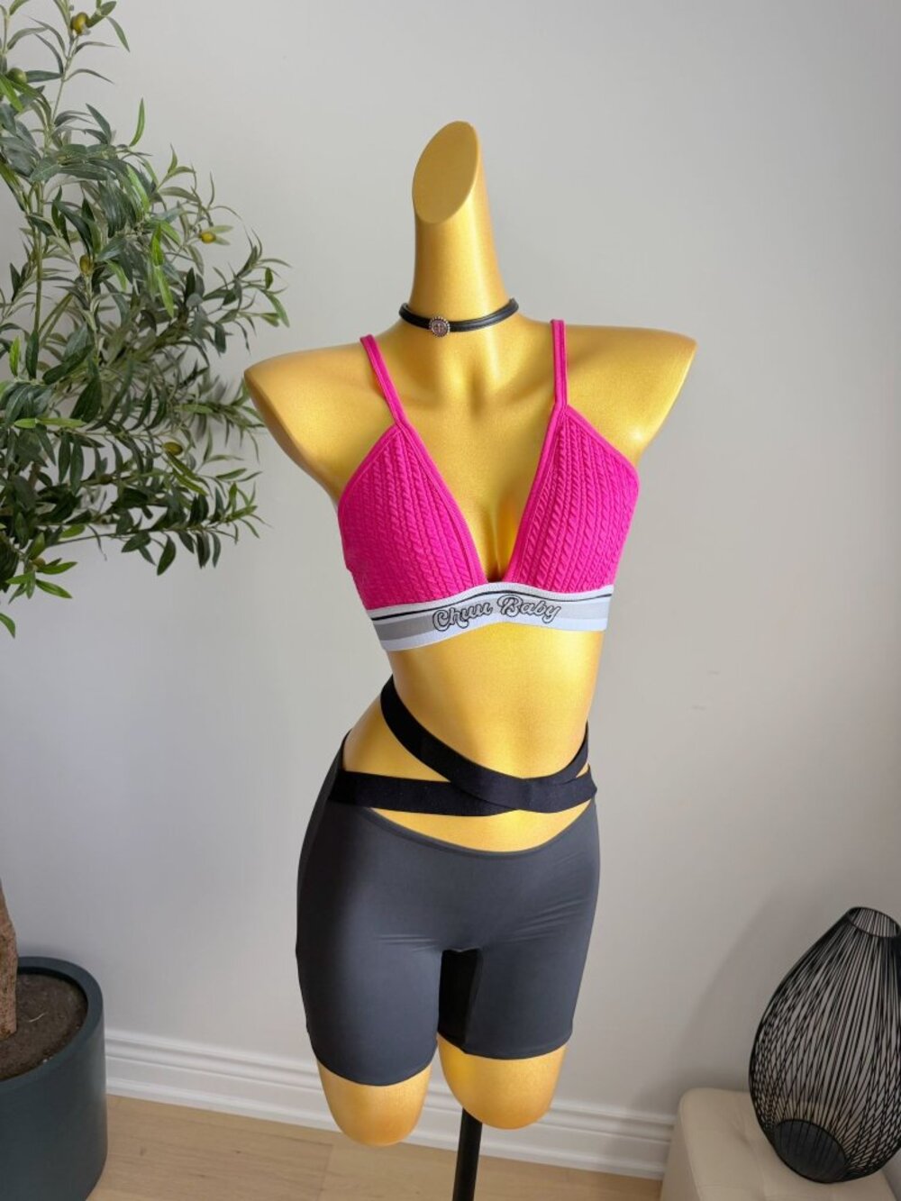 Hot Pink Bralette Crop Top Y2K Stretchy Baby Logo S